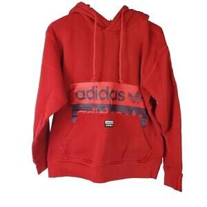 Men's ADIDAS Red Hoodie Sweatshirt SZ S Small Trefoil Logo Baggy Fit Spell Out